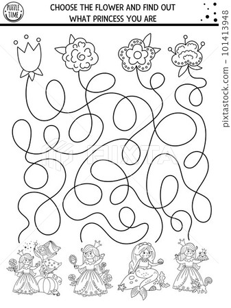 Fairytale black and white maze for kids with cute princesses and flowers. Magic kingdom preschool printable activity or coloring page with Sleeping Beauty, Mermaid. Fairy tale labyrinth game Fairytale black and white maze for kids with cute princesses and flowers. Magic kingdom preschool printable activity or coloring page with Sleeping Beauty, Mermaid. Fairy tale labyrinth game 101413948