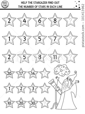 Help the stargazer find out the number of stars. Black and white continue the row game with numerals and cute fairytale character. Magic kingdom logical math activity or coloring page for kids Help the stargazer find out the number of stars. Black and white continue the row game with numerals and cute fairytale character. Magic kingdom logical math activity or coloring page for kids 101413962