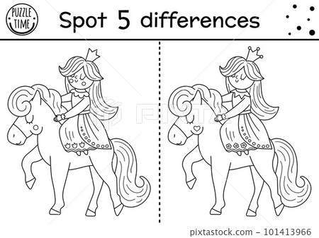 Black and white find differences game for children. Fairytale educational activity with cute princess and mirror. Magic kingdom puzzle for kids. Fairy tale printable worksheet or coloring page Black and white find differences game for children. Fairytale educational activity with cute princess and mirror. Magic kingdom puzzle for kids. Fairy tale printable worksheet or coloring page 101413966