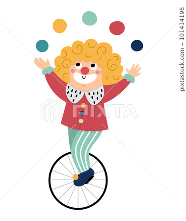 Vector clown icon. Circus artist clipart. Amusement holiday man on a wheel juggling balls. Cute funny festival character clip art. Street show comedian juggler illustration 101414198