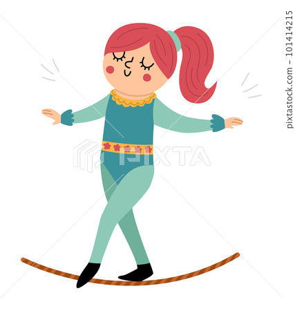 Vector gymnast girl with rope. Cute funny acrobat. Circus or sport artist clipart. Amusement holiday icon. Festival character clip art. Tightrope walker illustration 101414215