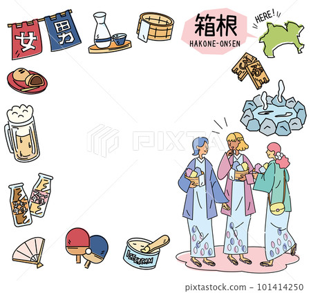 一組日本神奈川縣的箱根溫泉和穿著浴衣的溫泉偶像和女性朋友（線描） 101414250