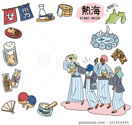 日本靜岡的熱海溫泉和一組穿著浴衣的溫泉偶像和外國遊客(畫線) 日本靜岡的熱海溫泉和一組穿著浴衣的溫泉偶像和外國遊客(畫線) 101414265