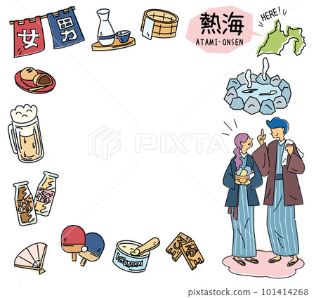 日本靜岡的熱海溫泉和一組溫泉圖標和一對穿著浴衣的夫婦（畫線） 101414268