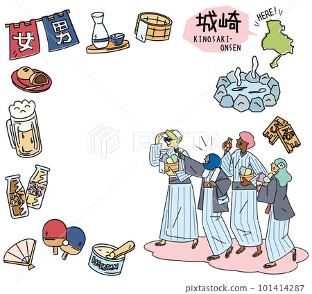 日本兵庫縣的城崎溫泉和一組穿著浴衣的溫泉偶像和外國遊客（畫線） 101414287