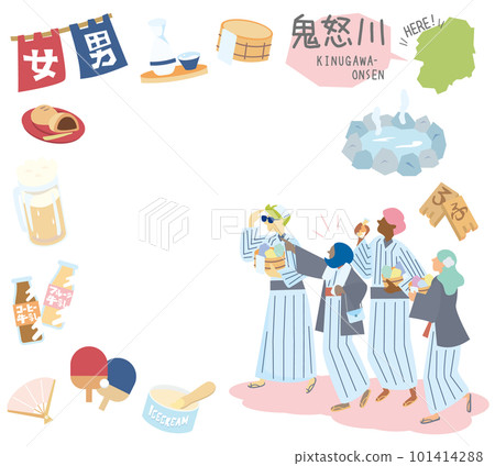 Set of icons of Kinugawa Onsen in Tochigi, Japan and foreign tourists wearing yukata (flat) Set of icons of Kinugawa Onsen in Tochigi, Japan and foreign tourists wearing yukata (flat) 101414288