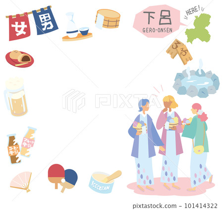 A set of Gero Onsen in Gifu, Japan, an icon of the hot spring, and a female friend wearing a yukata (flat) 101414322