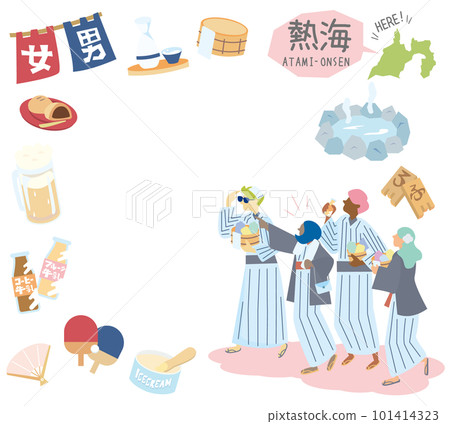 日本靜岡的熱海溫泉和一組穿著浴衣（扁平）的溫泉偶像和外國遊客 101414323