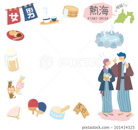 日本靜岡的熱海溫泉和一組溫泉圖標和一對穿著浴衣的情侶(扁平) 日本靜岡的熱海溫泉和一組溫泉圖標和一對穿著浴衣的情侶(扁平) 101414325