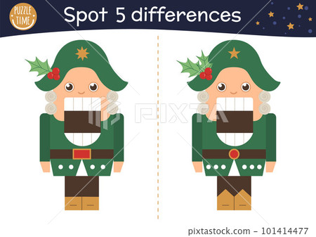 Christmas find differences game for children. Winter educational activity with funny Nutcracker. Printable worksheet with fairytale character. Cute New Year puzzle for kids 101414477