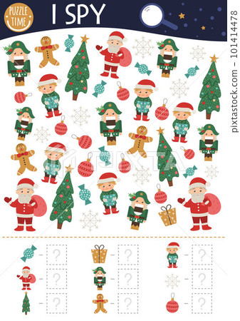 Christmas I spy game for kids. Searching and counting activity for preschool children with traditional New Year objects. Funny winter printable worksheet for kids. Simple holiday spotting puzzle. 101414478