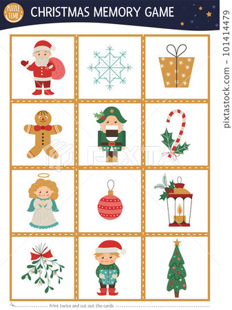 Christmas memory game cards with traditional holiday symbols. Matching activity with funny characters. Remember and find correct card. Simple winter printable worksheet for kids. 101414479