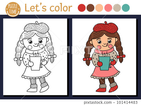 Christmas coloring page for children. Cute funny girl in warm clothes with hot drink. Vector winter holiday outline illustration. New Year party color book for kids with colored example Christmas coloring page for children. Cute funny girl in warm clothes with hot drink. Vector winter holiday outline illustration. New Year party color book for kids with colored example 101414483
