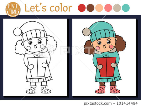 Christmas coloring page for children. Cute funny girl in warm clothes with gift box. Vector winter holiday outline illustration. New Year party color book for kids with colored example 101414484