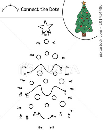 Vector Christmas dot-to-dot and color activity with cute fir tree. Winter holiday connect the dots game for children. Funny coloring page for kids with traditional New Year symbol. Vector Christmas dot-to-dot and color activity with cute fir tree. Winter holiday connect the dots game for children. Funny coloring page for kids with traditional New Year symbol. 101414486