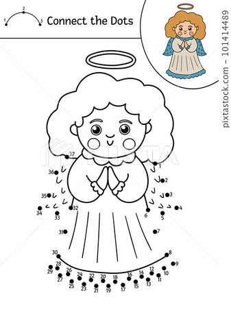 Vector Christmas dot-to-dot and color activity with cute angel. Winter religious holiday connect the dots game for children. Funny coloring page for kids with traditional Christian symbol Vector Christmas dot-to-dot and color activity with cute angel. Winter religious holiday connect the dots game for children. Funny coloring page for kids with traditional Christian symbol 101414489