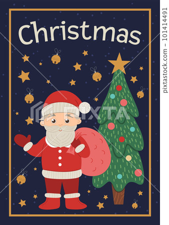 Vector Christmas card with cute Santa Claus, fir tree. Funny Christmas background or book cover with Father Frost. Flat New Year vertical illustration for children. Vector Christmas card with cute Santa Claus, fir tree. Funny Christmas background or book cover with Father Frost. Flat New Year vertical illustration for children. 101414491