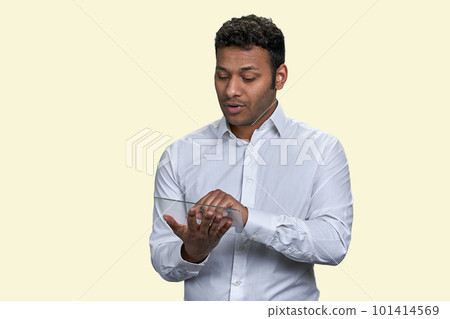 Young asian businessman with glass tablet pc mockup. Isolated on white. Young asian businessman with glass tablet pc mockup. Isolated on white. 101414569