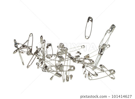 Safety Pin brooch pour fall down, explosion in air. Many safety pin medium size splash fly in group floating. White background isolated high speed shutter freeze motion Safety Pin brooch pour fall down, explosion in air. Many safety pin medium size splash fly in group floating. White background isolated high speed shutter freeze motion 101414627