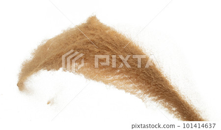 Sand flying explosion, Golden grain wave explode. Abstract cloud fly. Yellow colored sand splash throwing in Air. White background Isolated high speed shutter, throwing freeze stop motion 101414637