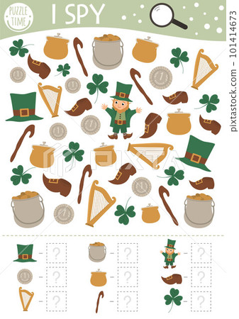 Saint Patrick I spy game for kids. Searching and counting activity for preschool children with traditional Irish holiday objects. Funny printable worksheet for kids. Simple holiday spotting puzzle. 101414673