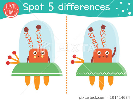 Space find differences game for children. Astronomy educational activity with funny alien in space ship. Printable worksheet with extraterrestrial and stars. Cute UFO puzzle for kids 101414684