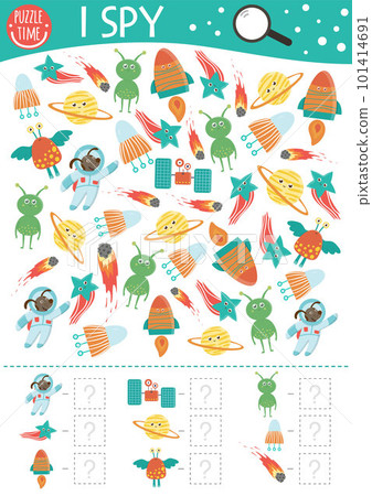 Space I spy game for kids. Searching and counting Astronomy activity for preschool children with planets, stars, rocket, aliens. Funny printable worksheet. Simple seek and find puzzle 101414691