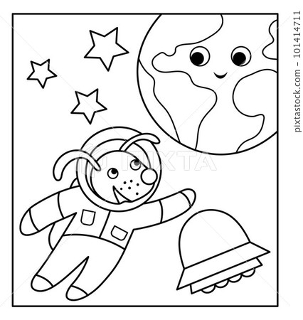 Vector black and white funny astronaut dog in space with planet Earth, stars, UFO. Cute cosmic illustration for children. Astronomy coloring page with kawaii spaceman 101414711