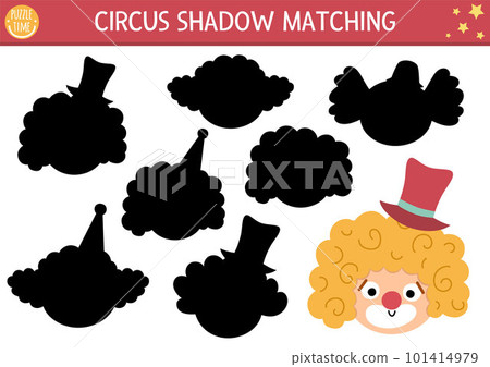 Circus shadow matching activity with cute clown face. Amusement show puzzle with funny characters. Find correct silhouette printable worksheet or game. Entertainment festival page for kids 101414979