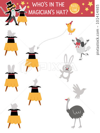 Circus matching activity with cute characters. Amusement show puzzle with illusionist making trick. Match the objects printable worksheet. Who is in the magician hat Circus matching activity with cute characters. Amusement show puzzle with illusionist making trick. Match the objects printable worksheet. Who is in the magician hat 101414985