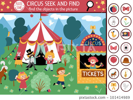 Vector circus searching game with amusement show marquee, clown. Spot hidden objects in the picture. Simple festival tent seek and find educational printable activity for kids Vector circus searching game with amusement show marquee, clown. Spot hidden objects in the picture. Simple festival tent seek and find educational printable activity for kids 101414989