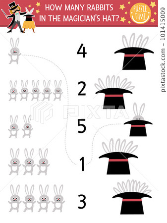 Match the numbers circus game with magician hat and rabbits. Amusement show math activity for preschool kids. Festival educational printable counting worksheet with funny character 101415009