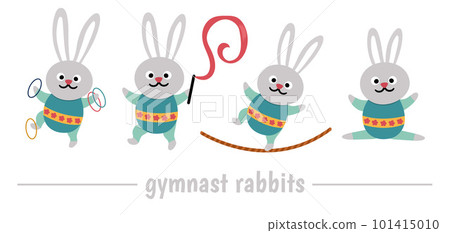 Vector set with gymnast rabbits with hula hoop, tightrope, ribbon. Cute funny animal acrobat. Circus or sport artist clipart. Amusement holiday icons pack. Festival character clip art 101415010