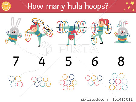 Match the numbers circus game with cute gymnasts and hula hoops. Amusement show math activity for preschool kids. Festival printable counting worksheet with funny rabbit and acrobat girl 101415011
