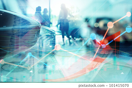 Stock market graph chart grow up trend on blur saleswoman and customer in modern luxury showroom. Car dealership. Automotive industry. Dealer agent business. Car leasing service. Dealer company. 101415070