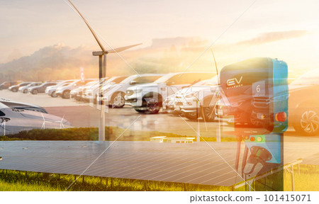 Sustainable energy for electric vehicle. EV car with electric vihicle charging station. Solar and wind turbine farm. Renewable, sustainable energy. Green energy. Solar, wind power. Sustainability. 101415071