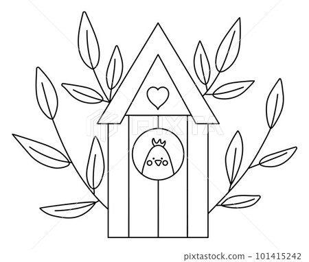Vector black and white birdhouse illustration with tree twigs and chick inside. Nestling box line icon or coloring page. Starling house coloring page. Spring traditional symbol and design element. Vector black and white birdhouse illustration with tree twigs and chick inside. Nestling box line icon or coloring page. Starling house coloring page. Spring traditional symbol and design element. 101415242