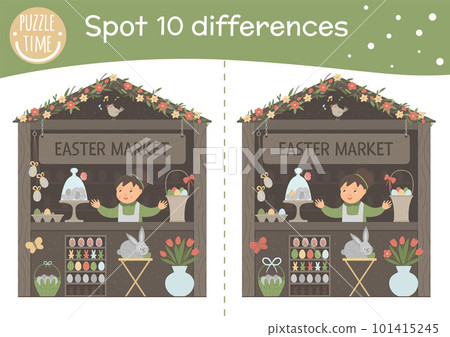 Easter find differences game for children. Holiday activity page with market stall, bunny, colored eggs. Printable worksheet with cute happy character. Spring puzzle for kids 101415245
