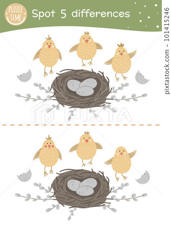 Easter find differences game for children. Holiday activity page with funny chicks, nest, willow twigs and eggs. Printable worksheet with cute happy farm birds. Spring puzzle for kids 101415246