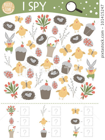 Easter I spy game for kids. Searching and counting activity for preschool children with traditional holiday objects. Funny spring printable worksheet for kids. Simple festive spotting puzzle. Easter I spy game for kids. Searching and counting activity for preschool children with traditional holiday objects. Funny spring printable worksheet for kids. Simple festive spotting puzzle. 101415247