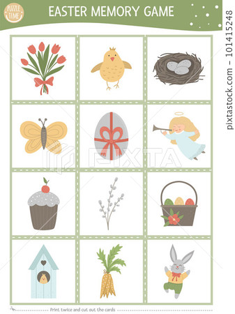 Vector Easter memory game cards with traditional holiday symbols. Matching activity with cute characters. Remember and find correct card. Simple spring printable worksheet for kids. 101415248