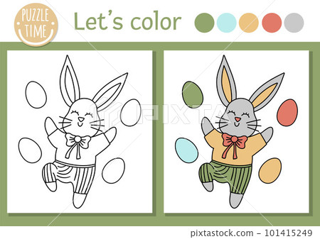 Easter coloring page for children. Funny bunny with colored eggs. Vector holiday outline illustration with cute traditional animal. Adorable spring color book for kids with colored example 101415249