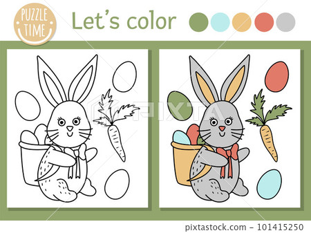 Easter coloring page for children. Funny bunny with basket, colored eggs, carrot. Vector holiday outline illustration with cute animal. Adorable spring color book for kids with colored example 101415250