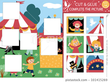 Vector circus cut and glue activity. Amusement show crafting game. Cute scene with marquee, clown, children, tickets. Find the right piece of the puzzle. Complete the picture printable page Vector circus cut and glue activity. Amusement show crafting game. Cute scene with marquee, clown, children, tickets. Find the right piece of the puzzle. Complete the picture printable page 101415269