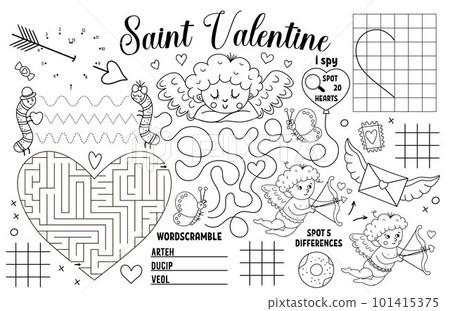 Vector Saint Valentine placemat for kids. Love holiday printable activity mat with maze, tic tac toe charts, connect the dots, find difference. Black and white play mat or coloring page Vector Saint Valentine placemat for kids. Love holiday printable activity mat with maze, tic tac toe charts, connect the dots, find difference. Black and white play mat or coloring page 101415375