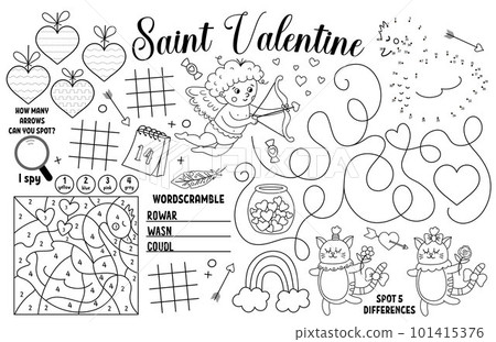 Vector Saint Valentine placemat for kids. Love holiday printable activity mat with maze, tic tac toe charts, connect the dots, find difference. Black and white play mat or coloring page Vector Saint Valentine placemat for kids. Love holiday printable activity mat with maze, tic tac toe charts, connect the dots, find difference. Black and white play mat or coloring page 101415376