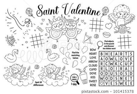 Vector Saint Valentine placemat for kids. Love holiday printable activity mat with maze, tic tac toe charts, connect the dots, find difference. Black and white play mat or coloring page Vector Saint Valentine placemat for kids. Love holiday printable activity mat with maze, tic tac toe charts, connect the dots, find difference. Black and white play mat or coloring page 101415378
