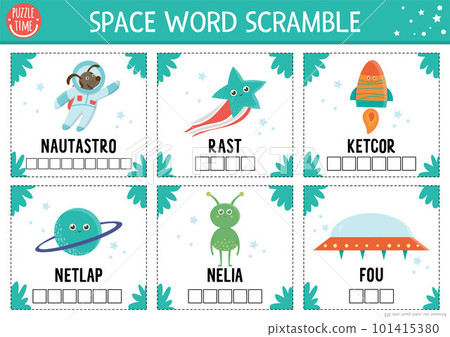 Vector space word scramble activity page. English language game with astronaut, star, rocker, planet, alien for kids. Astronomy family quiz. Simple educational printable worksheet. 101415380
