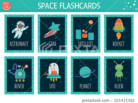 Vector Space flash cards set. English language game with cute astronaut, star, rocker, planet, alien kids. Astronomy flashcards with funny characters. Simple educational printable worksheet. 101415382