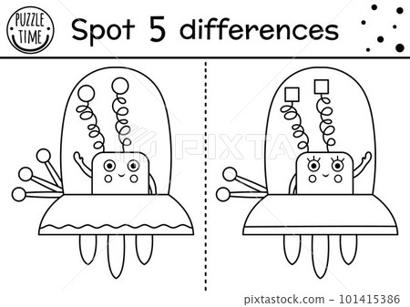 Space black and white find differences game for children. Astronomy educational activity with funny alien in space ship. Printable worksheet with extraterrestrial. Cute UFO coloring page 101415386